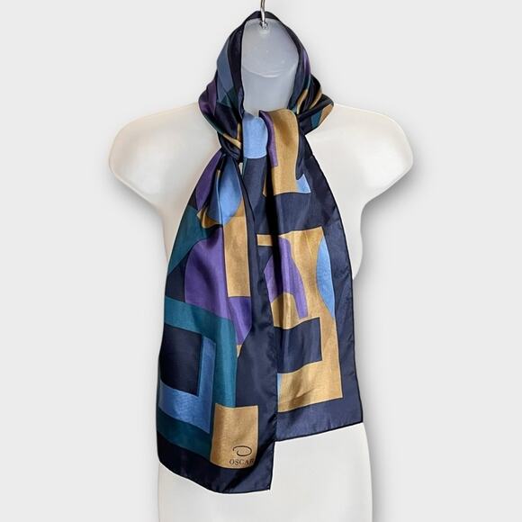 OSCAR DE LA RENTA Geometric Silk Scarf - Multicolor Long Rectangle 11” x 52” - Picture 1 of 4
